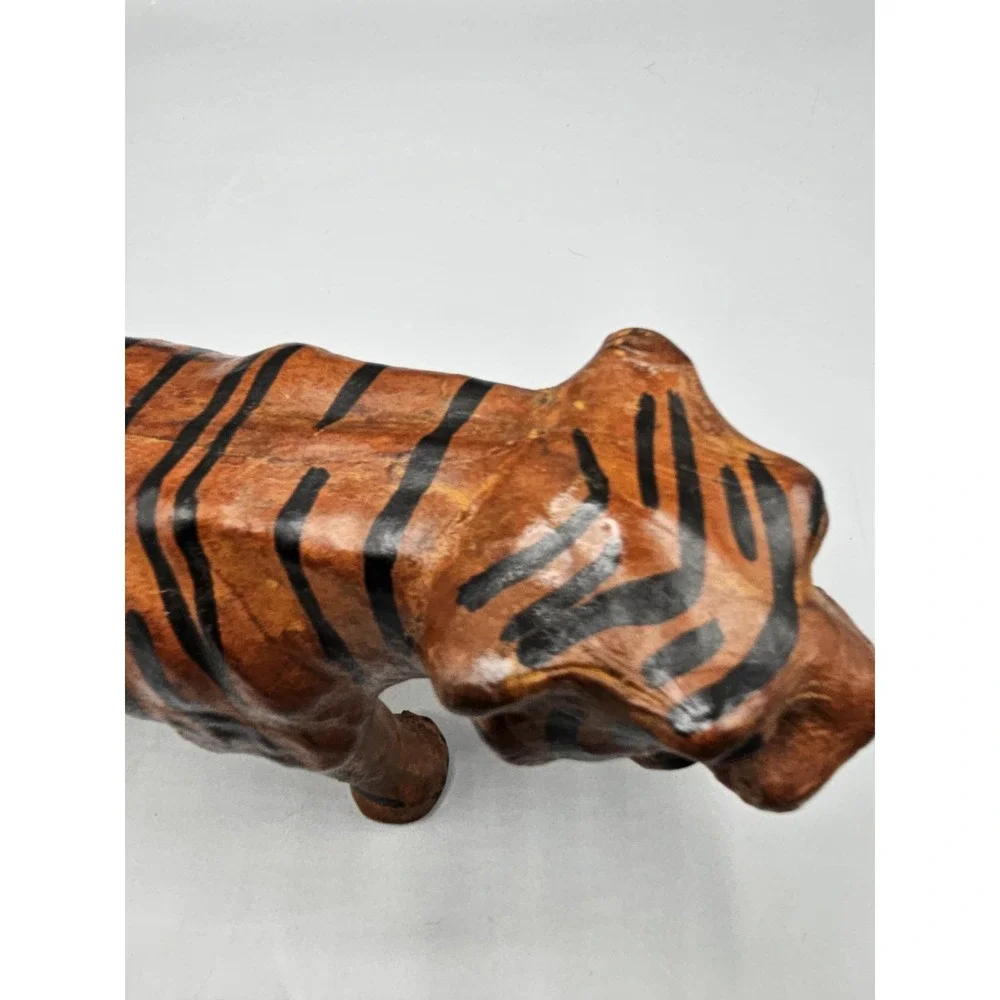 Vintage Leather Wrapped Paper Mache Bengal Tiger Figurine Yellow‎ Glass Eyes 11